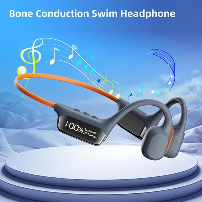 AYI True Bone Conduction Swimming Headphones with Bluetooth 5.4 & MP3 Player Mode 32GB Built-in Memory IPX8 Waterproof Screen Display Pain-Free Open-Ear Earphone for Sport and Work-Light Gray