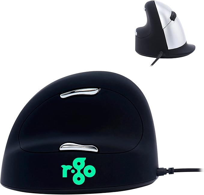 R-Go HE Vertical Ergonomic Mouse, for Large Left-Handed, with Break Software, USB-C Wired, Prevents Tennis Elbow/Mouse Arm RSI, Silent Click, 5 Buttons - Compatible Windows/MacOS, Black/Silver