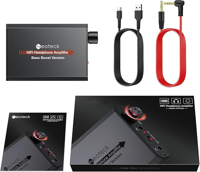 Neoteck 3.5mm Headphone Amp with Bass Boost Portable HiFi Headphone Amplifier,16-300 Ohm,Aluminum Matte Surface for Mac,Phones,iPad,MP3,MP4 Computers PS4 PS5 Controller-Black