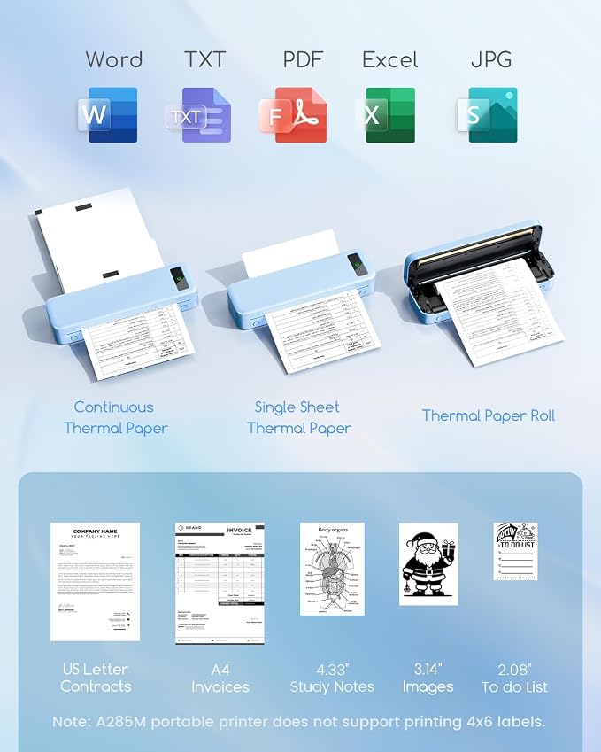 Portable Printers Wireless for Travel, A285M Bluetooth Inkless Thermal Printer Support 8.5" X 11" & A4 Thermal Paper, Mobile Compact Printer Compatible with iPhone Laptop for Home Office Receipt, Blue