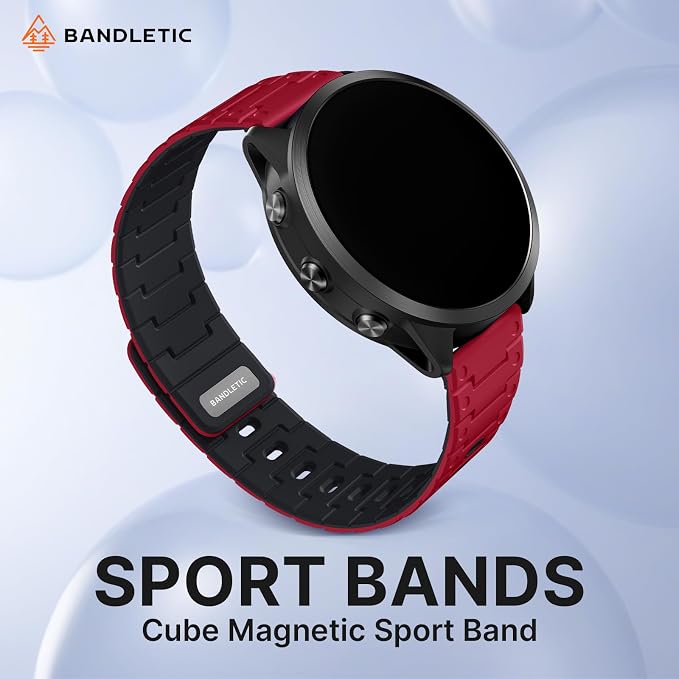 Bandletic 22mm Magnetic Watch Band, Quick Release Rugged Silicone Watch Strap Compatible with Garmin Forerunner 570 Watch Band 47mm, Soft Smartwatch Wristband Replacement Straps for Men, Red/Black