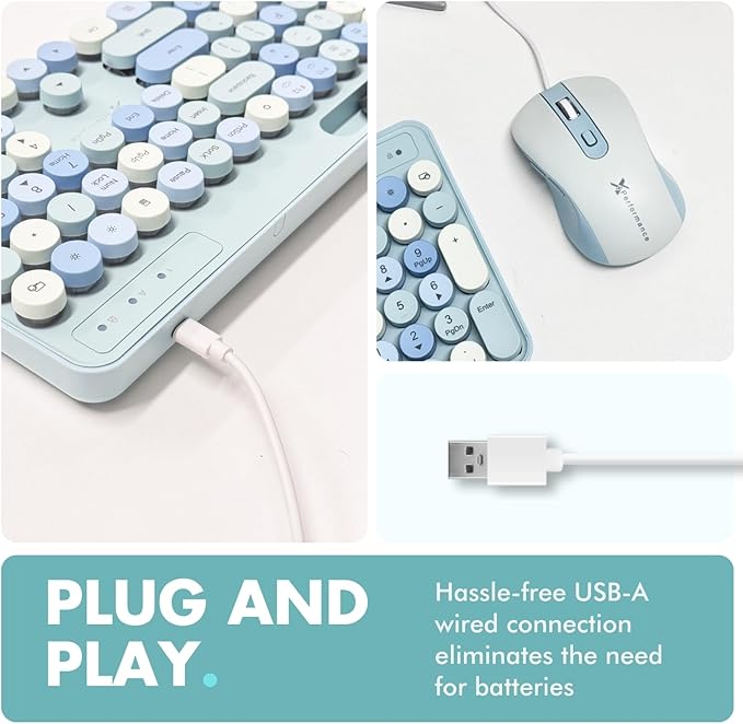 X9 Wired Keyboard and Mouse Combo with Backlight - Retro Typewriter Round Keycaps, Phone/Tablet Dock, 109 Fullsize Keys, Cute Colorful Blue Keyboard, Pastel Keyboard for Laptop, PC and Chromebook