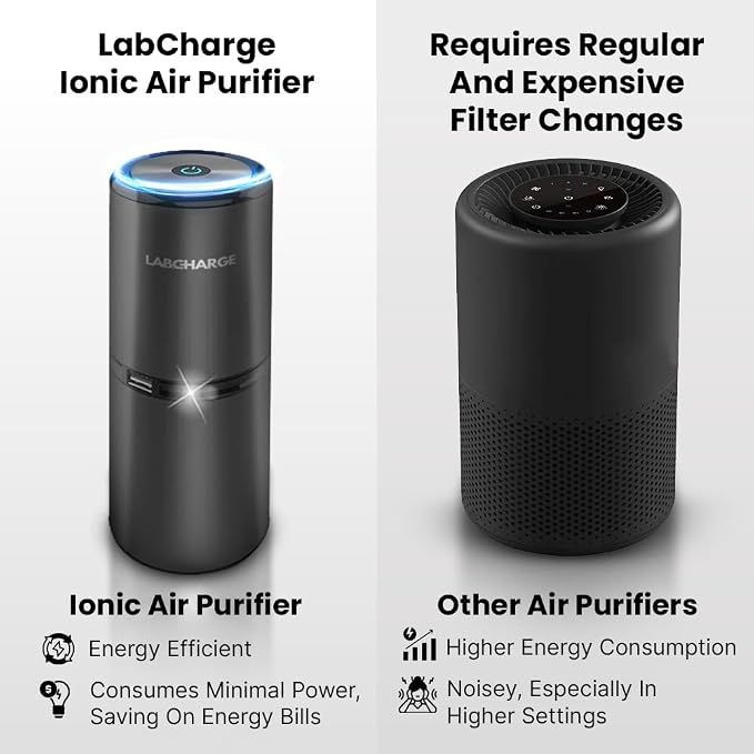 Lab Charge Small Ionic Air Purifier for Home & Bedroom – Silent HEPA Filter – Covers 250 Sq Ft - Free Cleaner for Pets, Hair, Smoke, Dust, Odors & Dander – Compact & Black Design