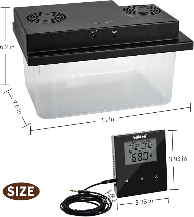 Briidea Electric Humidifiers for Cabinet (10-50 Cubic Ft.), 30% RH~80% RH Humidity Setting Values, Perfect Monitoring Temperature and Humidity, 12V Adapter Power Supply