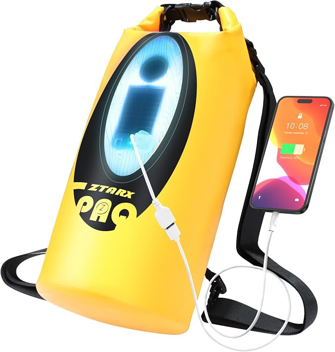 FELICON Waterproof Dry Bag Backpack with Bluetooth Speaker, 20L Roll Top Floating Sack, Solar & USB-C Powered Emergency Charger, RGB Light, Heavy Duty PVC for Kayaking Camping, Yellow