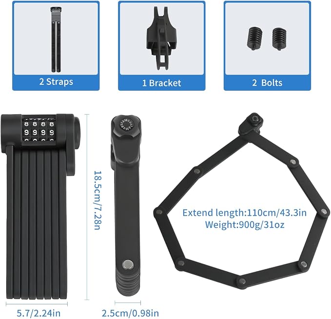 Bike Chain Lock, Combination Folding Bike Lock for Key-Free Convenience, Heavy Duty Bicycle Lock with Adjustable Secure Links for E-Bike, Scooter and Electric Scooter, Easy to Carry & Use