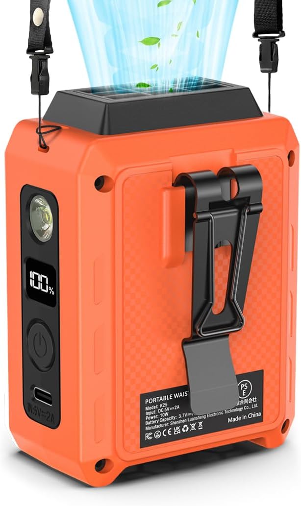 CAZOKASI Wearable Waist Clip Fan with Lighting Desktop Stand 16000rpm Runtime upto 20 hours (5000mAh / Orange)