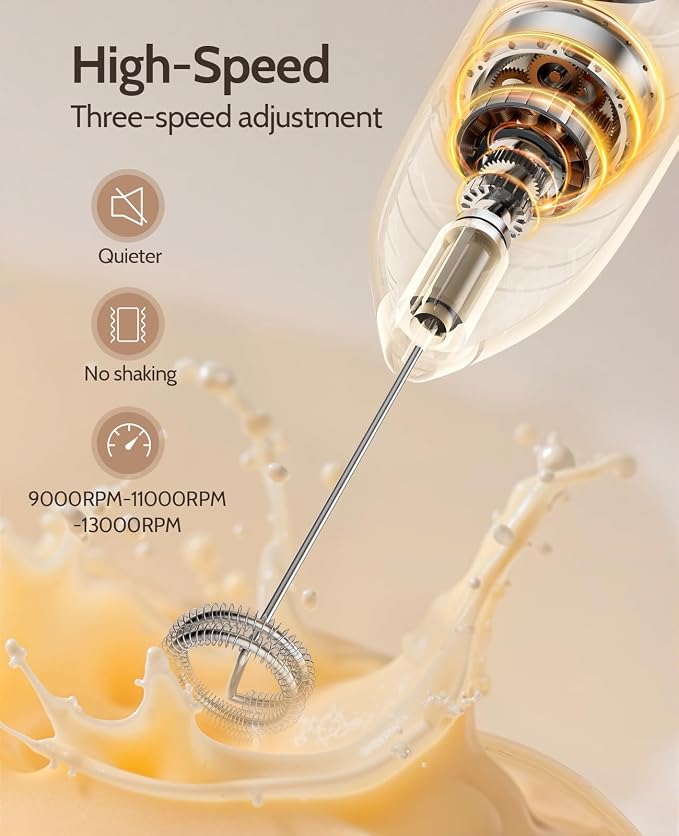 Electric Milk Frother Handheld: coffee frother rechargeable 3 in 1 - LED Display, Adjustable Wireless Charging - 3 Speeds, Stainless Steel Whisk for Latte, Cappuccino - Onyx Black