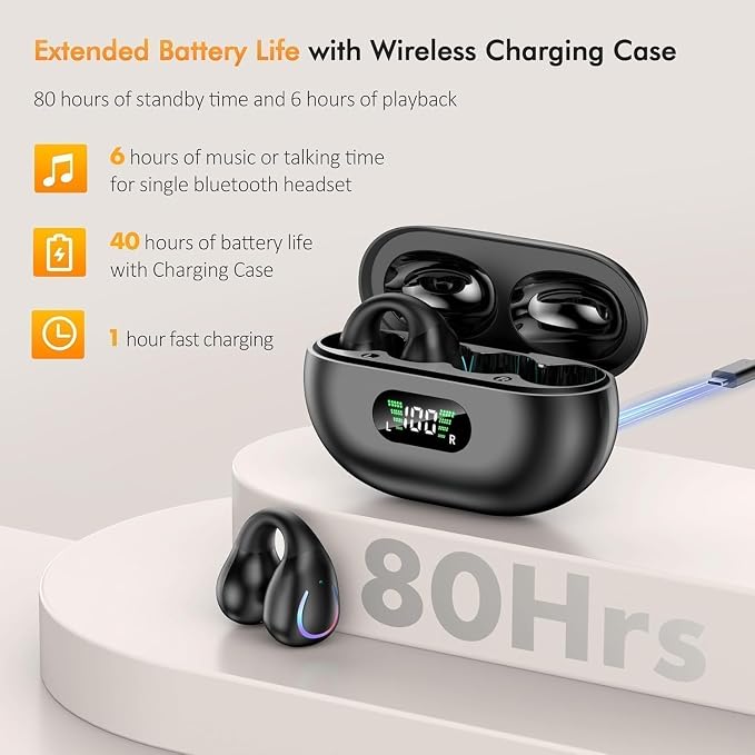 Open Ear Bone Conduction Headphones, Bluetooth Lightweight Clip On Earbuds Comfort with Digital Display Charging Case Sport Earphones Built-in Mic Waterproof for Running Fitness Exercise, Matte Black