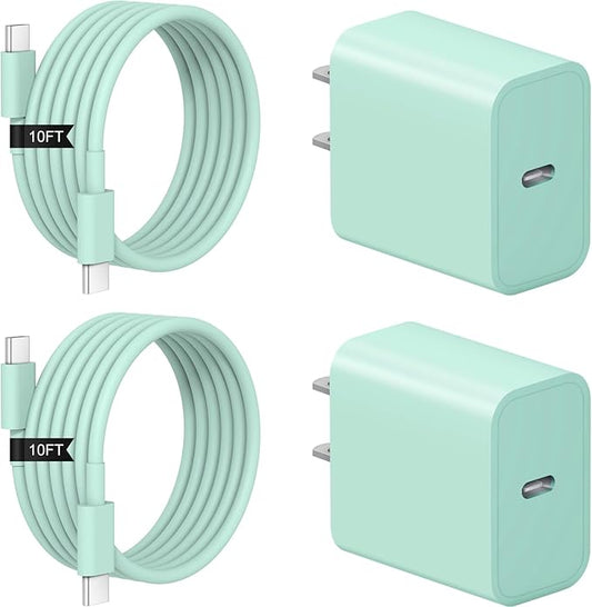 iPhone 17 16 15 Charger Fast Charging 2+2Pack 20W USB C Wall Charger with 10FT Fast Charging Cable Compatible with iPhone 17/17 Air/17 Pro/17 Pro Max/iPhone 16/15 Series, iPad Pro/AirPods-Green