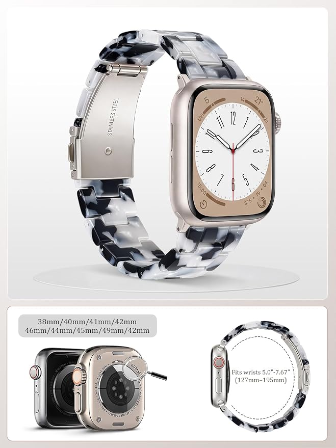 V-MORO Resin Bands Compatible with Apple Watch Series 11/10/9/8/7 Band 40/41/42mm Lightweight Fashion Strap Bracelet with Starlight Buckle for iwatch Series SE/6/5/4/3/2/1(Black/White,38/40/41/42mm)