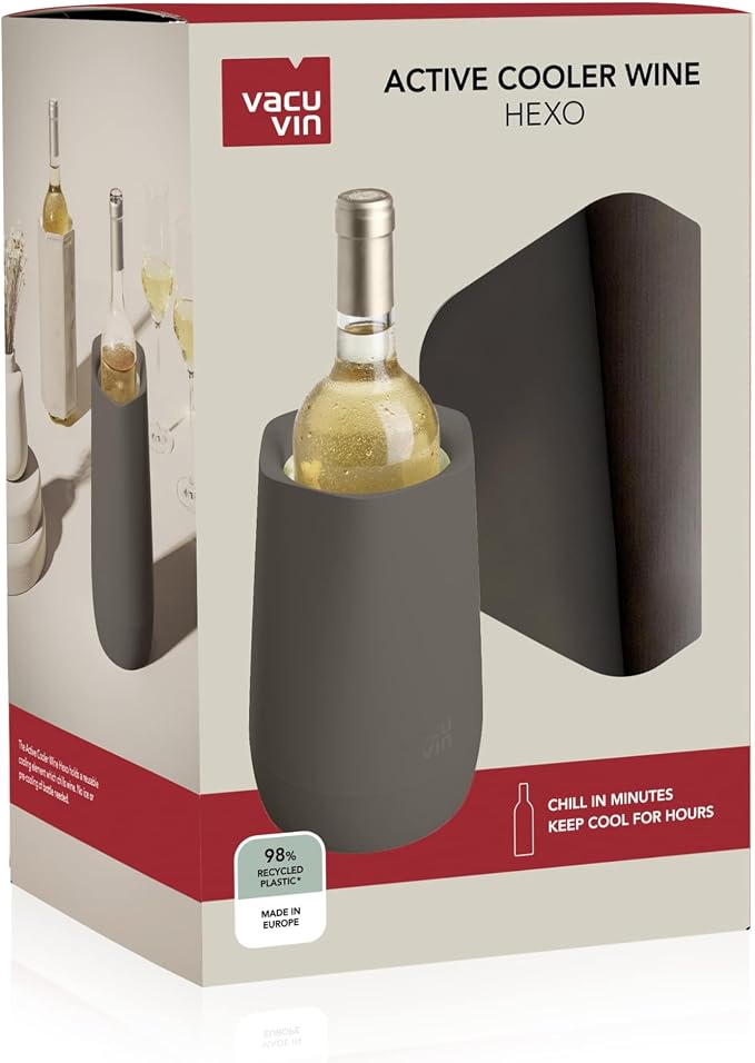 Vacu Vin Wine Cooler Hexo – Graphite – Modern Active Wine Bottle Chiller with Removable Cooling Sleeve – Geometric Design – Reusable, Ice-Free Cooler – Fits Standard Bottles – Tabletop Wine Accessory