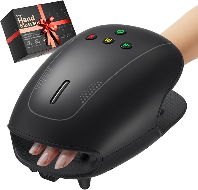 Estefanlo Hand Massager with Heat and Compression, Cordless Hand Massager for Arthritis Pain Relief, 3 Modes Air Compression Finger Massage Device, 2 Heat Levels, Washable Silicone Liner, Black