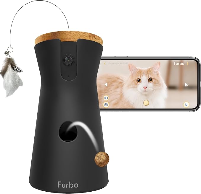 Furbo 360° Cat Camera: Basic See, Talk & Toss Features, No AI Alerts, No Subscription Required, Pet Security Cam w/Meowing Alerts, Rotating View, Treat Toss, 2-Way Audio, Smart Home Kitty Monitoring