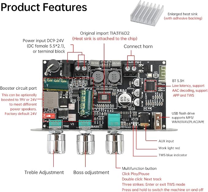 2-Pack ZK-1001U Mono Bluetooth AMP Board with TWS,100W Vehicle Amplifier Input 9-24V Wide Voltage Home Audio Amplifier Board,Supports AUX/USB/Bluetooth Input for Home Speaker,Car Audio DIY