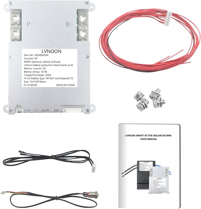 LB2A Smart Active Balancer BMS for Li-ion NCM LFP LiFePo4 LTO Battery Management System 3S 4S 5S 7S 8S 200A with APP Control 12V 24V (3-8S, 200A)