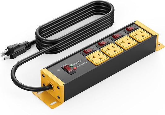 CCCEI Heavy Duty Surge Protector Power Strip 20 Amp Individual Switches. 10FT 12 Gauge Extension Cord with Multiple Outlets. Kitchen, Garage, Shop, Industrial Wall Mount Electric Extender, Yellow.