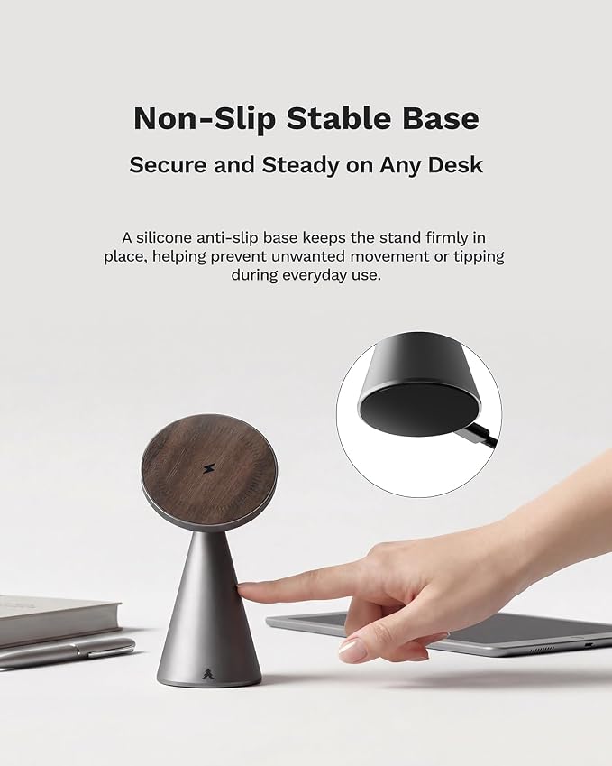 Black Walnut Wood and Aluminum Wireless Charger | Magnetic Charging Stand for iPhone, Compatible with MagSafe