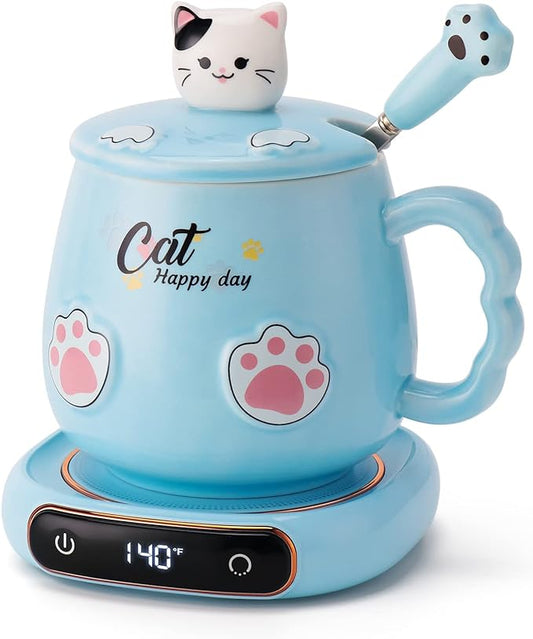 Bgbg Coffee Mug Warmer & Cute Cat Mug Set, Beverage Cup Warmer for Desk Home Office with Three Temperature Up to 140℉/ 60℃, Coffee Warmer for Cocoa Milk Tea Water Candle, 8 Hours Auto Shut Off
