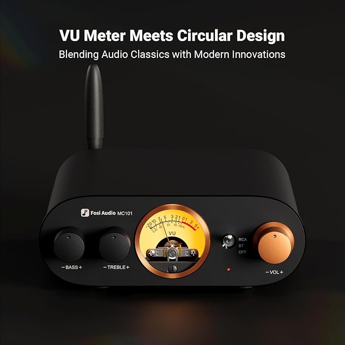 Fosi Audio MC101 Bluetooth Stereo Amplifier Home Audio Component Mini Amp with VU Meter 2 Channel HiFi Receiver for Passive Speakers with Bass Treble Tone Control Vintage All Aluminum Alloy Build