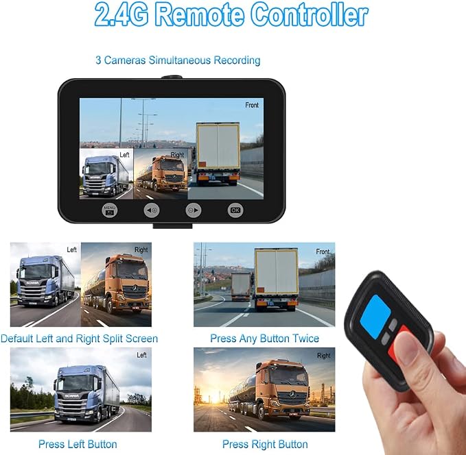 VSYSTO 3CH WiFi Truck Dash Cam, 4.5'' Screen GPS HD 1080P Front & 720P Sides Infrared Night Vision Lens Backup Camera System DVR for Semi Trailer Van Tractor Car RV, G-Sensor Loop Recording
