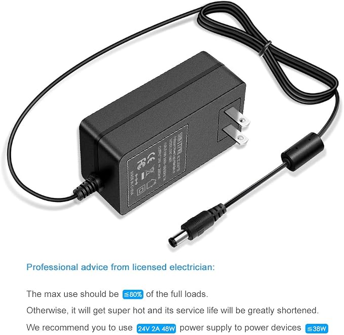 SHNITPWR 24V DC Power Supply Adapter 24 Volt 2A 48W AC to DC Converter Transformer 100~240V AC Input with 5.5x2.5mm DC Tip for 5050 3528 LED Strip 3D Printer CCTV Security System LCD Monitor