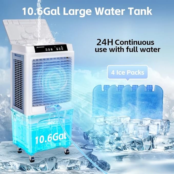 Uthfy Swamp Cooler, 3880CFM Evaporative Air Cooler with 10.6 Gal Water Tank, 120° Oscillation, 12H Timer, Remote, Ultra Quiet Cooling Fan, Outdoor Air Conditioner for Garage Patio Large Room