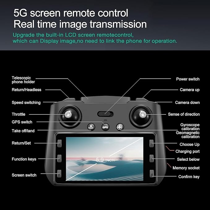 4K Camera Drone with GPS for Adults – 5G Remote Controller Features 5.9-Inch HD Screen, Obstacle Avoidance, One Key Return, Optical Flow Mode, Brushless Motor FPV, 60 Minutes Flight Time