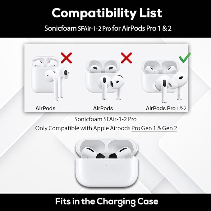 SONICFOAM (SFAir-1-2 Pro Small/Medium/Large Black) Memory Foam Earbud Tips - Compatible with AirPods Pro 1st & 2nd Gen - (6 Pack / 3 Pairs)