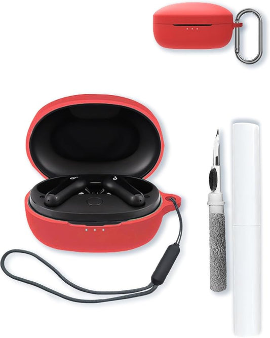 Case for Soundcore Anker Life P2 mini True Wireless Earbuds,Soft Protective,BOVUGAC Silicone Case Cover with Keychain & Cleaning Kit & Lanyard for Anker Life P2 mini-Red
