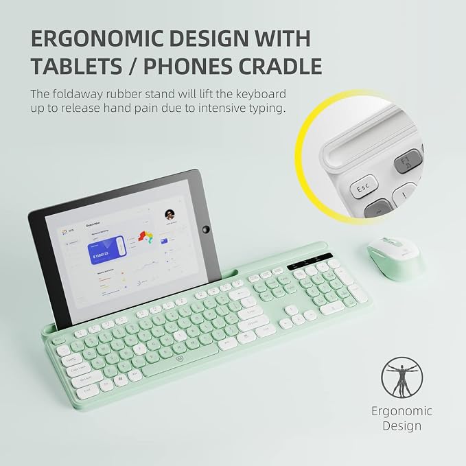 Green Wireless Keyboard and Mouse Combo, 2.4G Ergonomic Wireless Computer Keyboard with Phone Tablet Holder, Silent Mouse with 6 Buttons, Compatible with MacBook, Windows(KM-239W-GNWH)