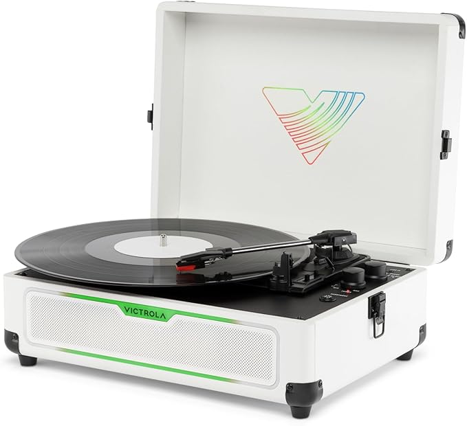 Victrola Journey Glow – Illuminated Suitcase Record Player – 18 RGB Light Effects, Stereo Speakers with Enhanced Bass, Bluetooth Streaming, (White)