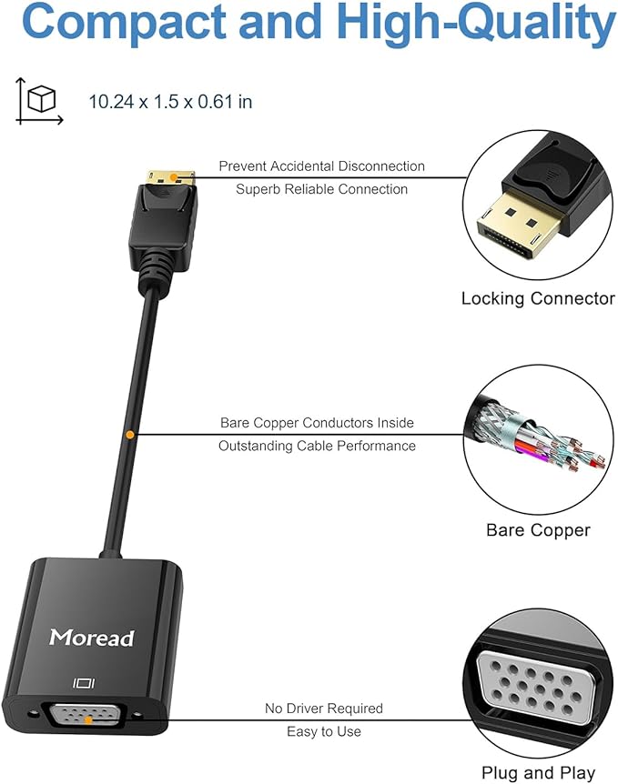 Moread DisplayPort (DP) to VGA Adapter, 10 Pack, Gold-Plated Display Port to VGA Adapter (Male to Female) Compatible with Computer, Desktop, Laptop, PC, Monitor, Projector, HDTV - Black