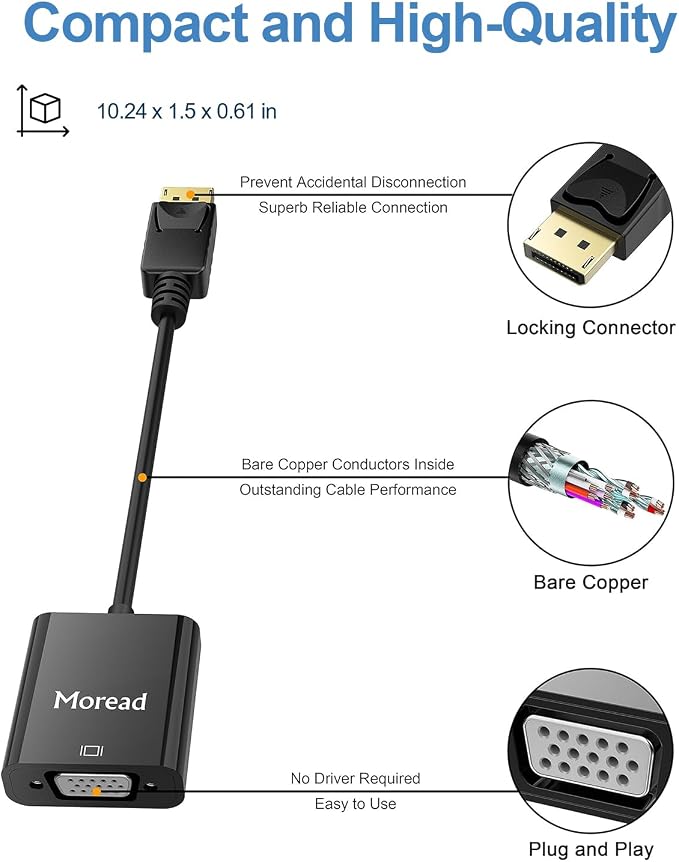Moread DisplayPort (DP) to VGA Adapter, Gold-Plated Display Port to VGA Adapter (Male to Female) Compatible with Computer, Desktop, Laptop, PC, Monitor, Projector, HDTV - Black
