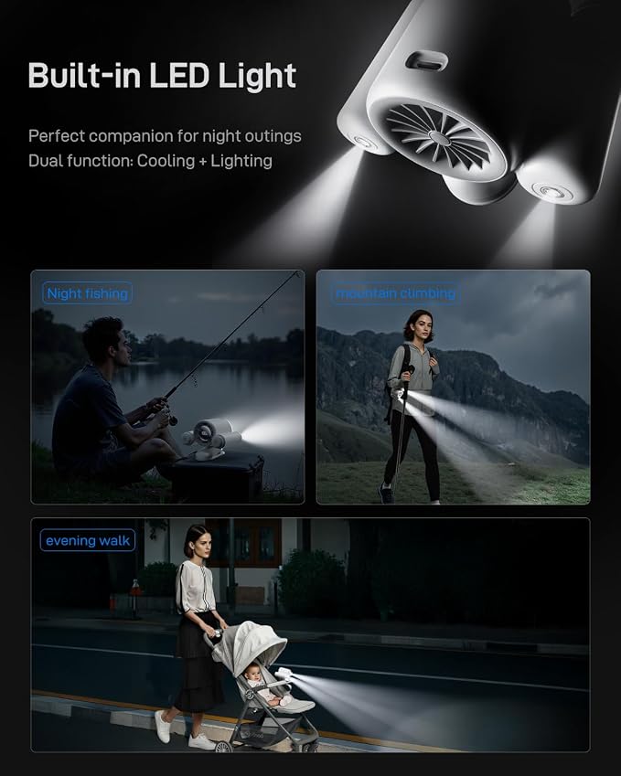 Space Player Clip On Portable Waist Fan 13000RPM,Rechargeable Hands Free Neck Shirt Belt Fan with 100 Speeds LED Display Dual SOS Light,Wearable Personal Cooling Fan for Work Jobsite Camping Outdoor