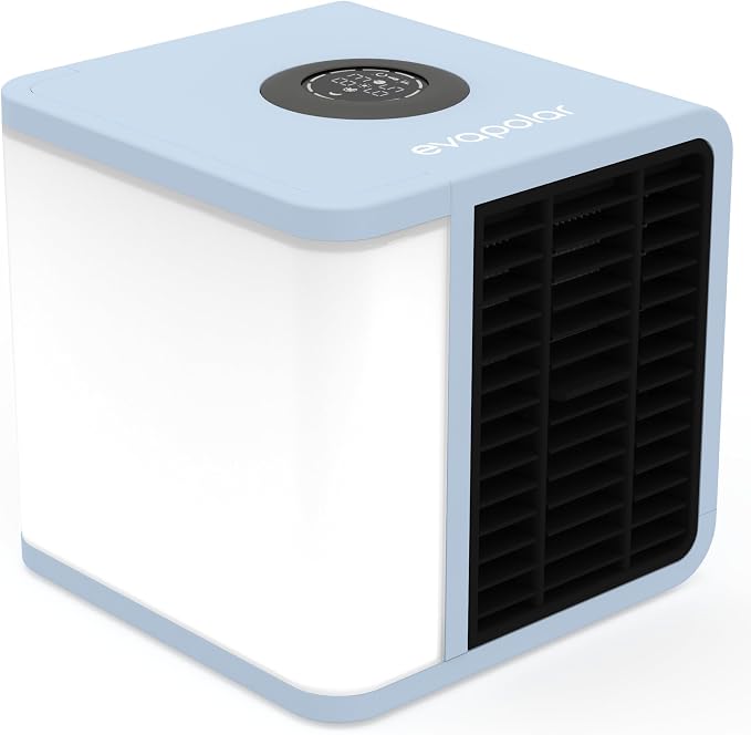 Cooling Fan for Desk and Car - Portable Evaporative Air Cooler for Camping - Small Ice Fan for Tent - Personal Air Conditioners Evalight, Blue