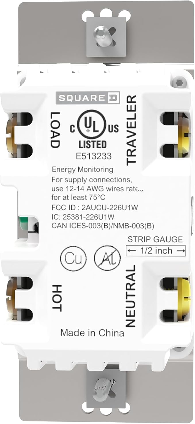 Square D by Schneider Electric X Series 15 Amp WiFi Energy Monitoring Light Switch, Single-Pole/3-way, 600 Watt, Rocker, Matter Certified, Works with Alexa, Google Home, Apple Home, Matte White