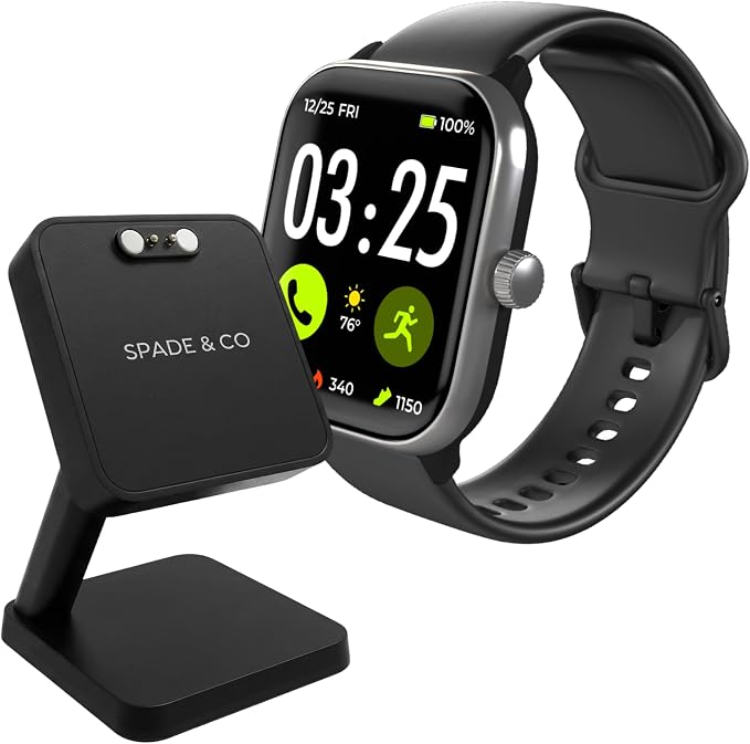 Spade & Co Health Smartwatch 4 Bundle with Charging Dock – Heart Rate, Sleep & SpO2 Monitor, Pedometer, 10+ Day Battery, Answer/Make Calls, IP68 Waterproof, iOS & Android – Black