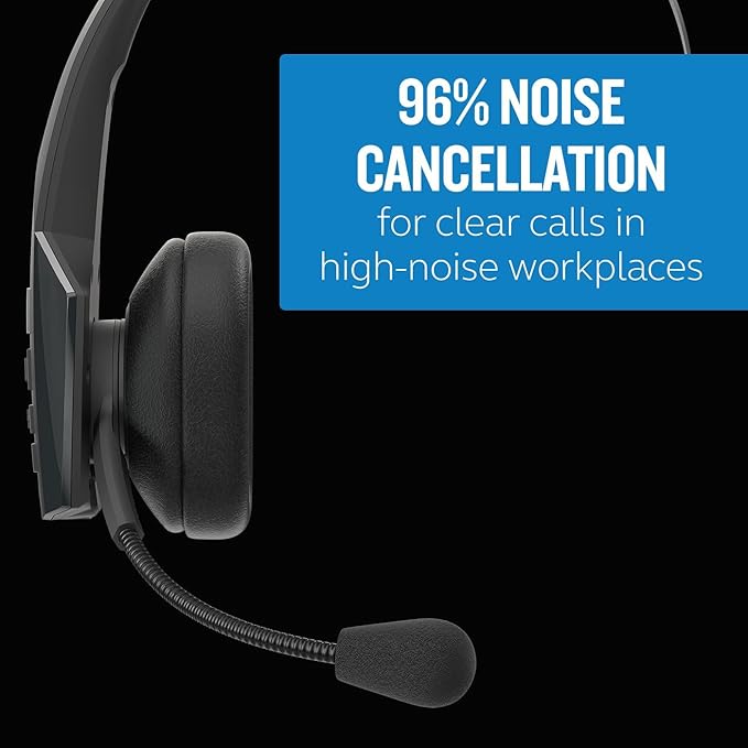 BlueParrott B550-XT Mono Bluetooth Wireless Headphones 96% Noise Canceling Over Head Trucker Headset with Mic, 100% Voice Control, IP54-Rated Protection, 24 hrs. Talk Time, Black