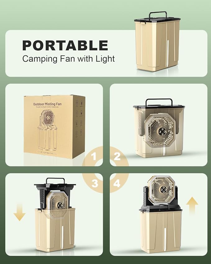 Portable Misting Fan, 24000mAh Camping Fan with 8L Bucket, 12Hrs Mist Rechargeable Fans, 60‌Hrs Cooling Battery Powered Fans with 2 Spray Modes, 3 Winds, 68LED Lights for Outdoor Garden, Worksites