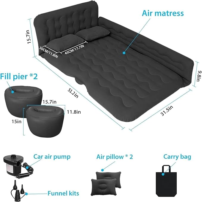 Car Bed SUV Air Mattress, Car Air Mattress with Electric Pump, 2 Inflatable Pillows and 2 Footrests for Back Seat, Side Seat,Trunk Sleeping, Thickened Camping Bed - Black
