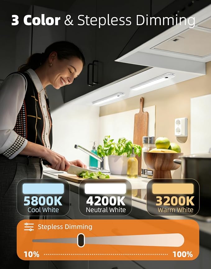 RUIKORING Under Cabinet Lighting, 3 Colors, Motion Sensor Light Indoor, LED Rechargeable Closet Lights Battery Operated, Dimmable Night, Stick-On Magnetic Cabinet Lights for Kitchen Stairs Hallway