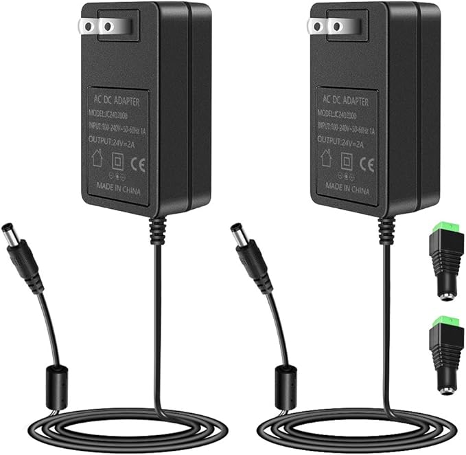 SHNITPWR 24V 2A Power Supply Adapter, Pack of 2 100~240V AC to DC 24 Volt 2000mA 48W Converter Transformer with 5.5x2.5mm DC Tip for 5050 3528 LED Strip 3D Printer CCTV Security System LCD Monitor