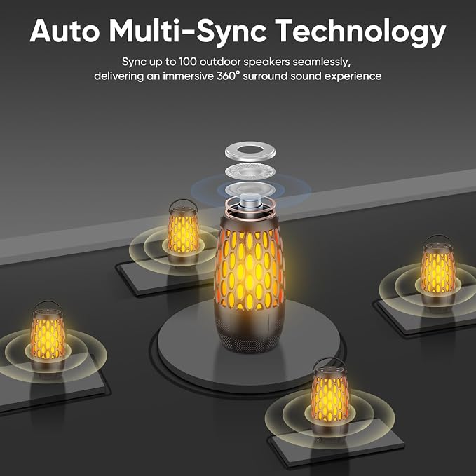 Outdoor Speakers, Portable Wireless Speaker with Flame Lights, Multi-Sync up to 100 Speakers Auto-Pairing HD Stereo Sound Waterproof, Hook for Patio Yard Porch, Gifts for Men Women