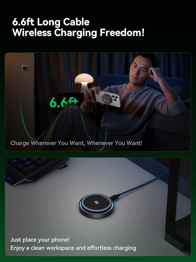 THREEKEY Qi2.2 Magnetic Wireless Charger: 25W Fast Charging Pad with Cooling Fan, Wireless Phone Charger with 6.6ft Cable for iPhone 17/16/15/14/13/12 Series(Adapter Not Included)