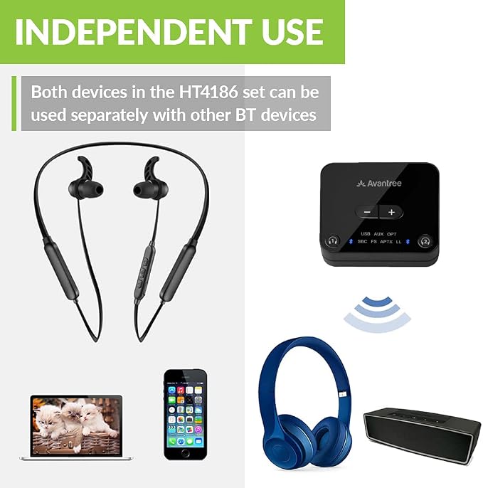 Avantree HT4186 Wireless Headphones Earbuds for TV Watching, Neckband Earphones Set w/Bluetooth Transmitter for Optical Digital Audio, RCA, 3.5mm Aux Ported TVs, Plug & Play, No Audio Delay