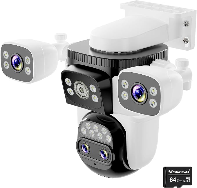 VSTARCAM 4-Lens Security Cameras Wireless Outdoor, 4-in-1 Multi-View 2K 360° PTZ Plug-in WiFi Camera, 10X Hybrid Zoom, AI Motion Tracking, Color Night Vision, IP66, 64GB Card Included