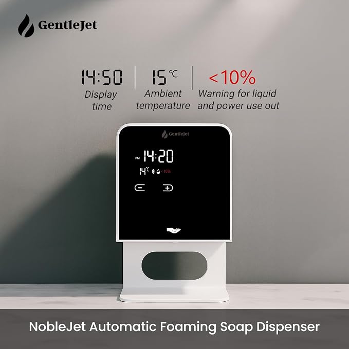 GentleJet NobleJet Automatic Foaming Soap Dispenser Touchless Sensor, LED Display, 5 Foam Levels, Wall Mount or Countertop, Rechargable USB-C or Battery Powered, Aluminum Alloy, 480 ml Refillable
