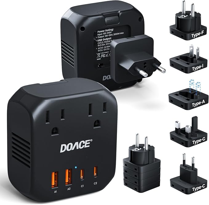 DOACE 2000W 220V to 110V Converter for European Travel for Hair Dryers, Voltage Converter US to Europe with Fast Charging Power Converter Adapter Combo with 4 USB Ports Step Down Transformer