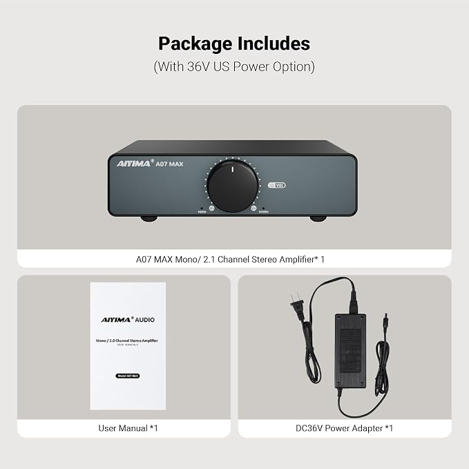 AIYIMA A07 MAX 2 Channel Stereo Amplifier Home Audio 300W*2 TPA3255 Class D Power Amp/Bridgeable Mono Amplifier 600 Watt with 3.5mm Line Output for Passive Bookshelf Speakers+DC36V 6A Power Adapter